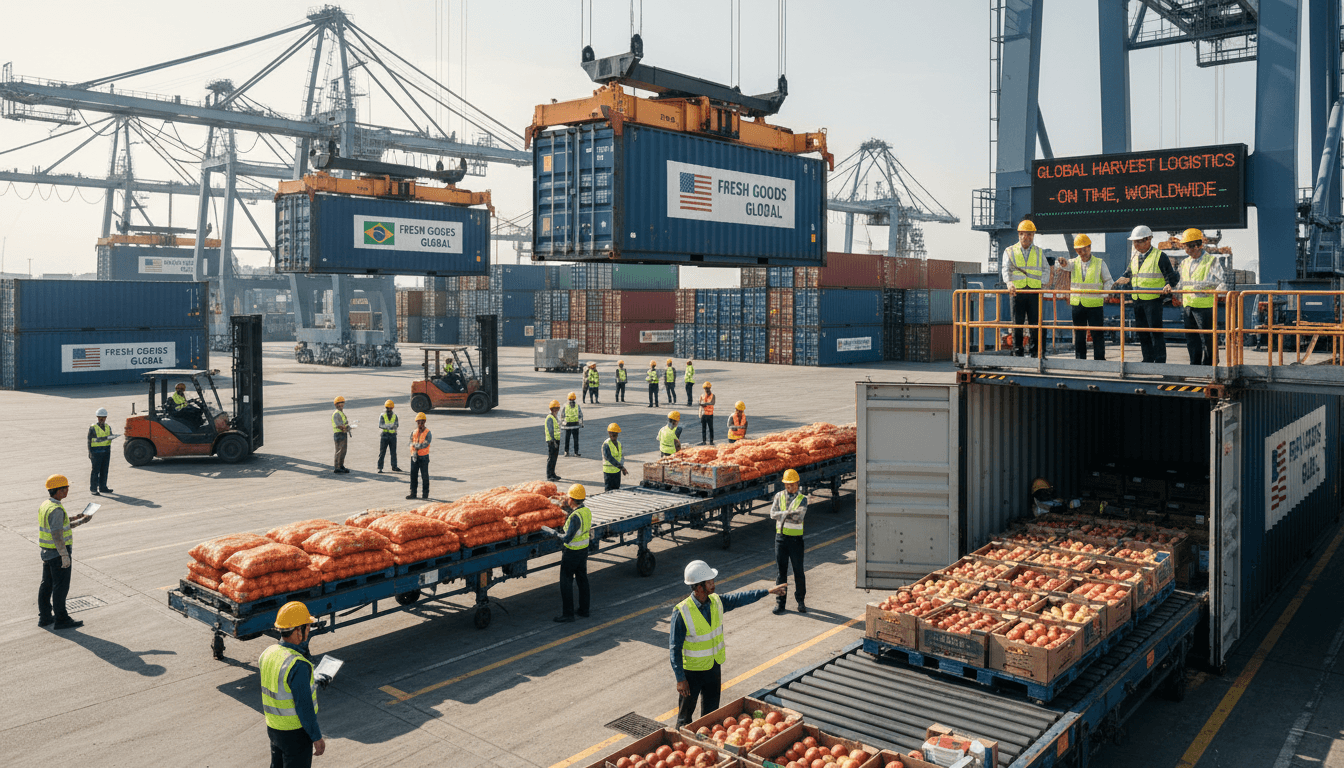 Busy international logistics hub with diverse workers coordinating agricultural shipments and containers for cross-border distribution.