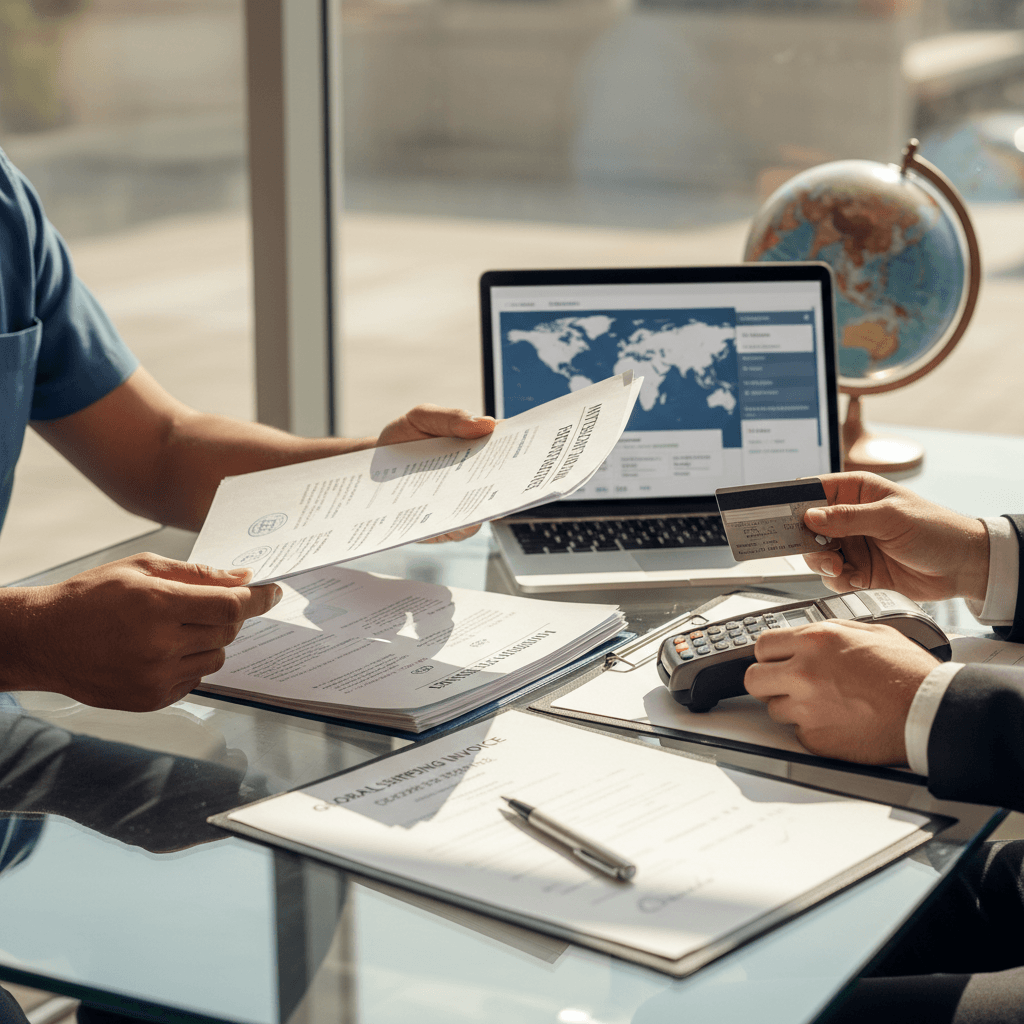 Business professionals exchanging trade documentation and discussing international payment processing at modern glass desk