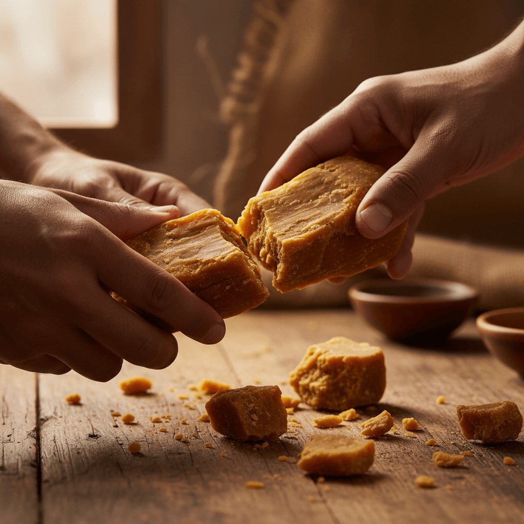 Palm jaggery chunks on clay plate with traditional wooden stick