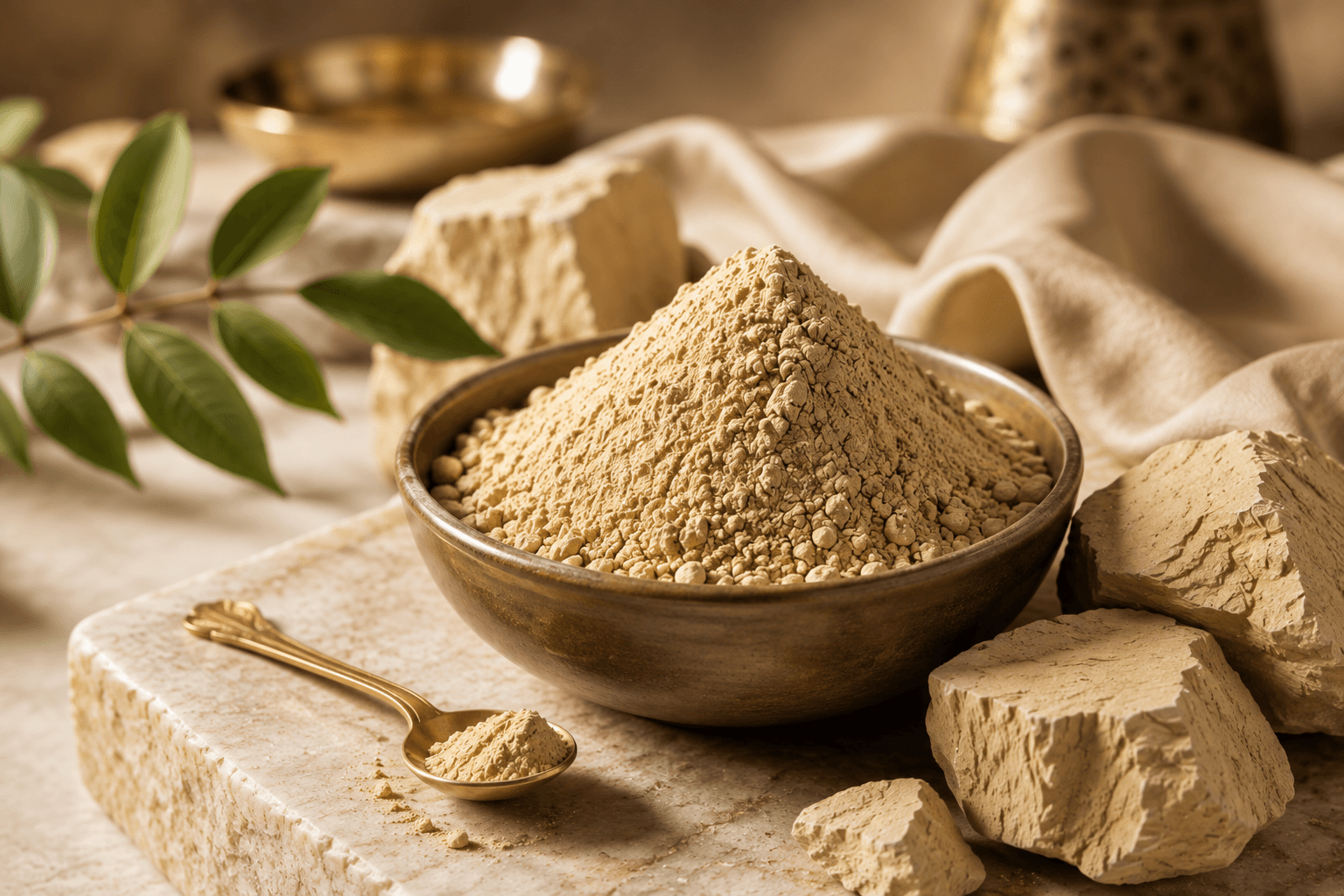 A bowl of fine tan clay powder with solid chunks and a gold spoon.