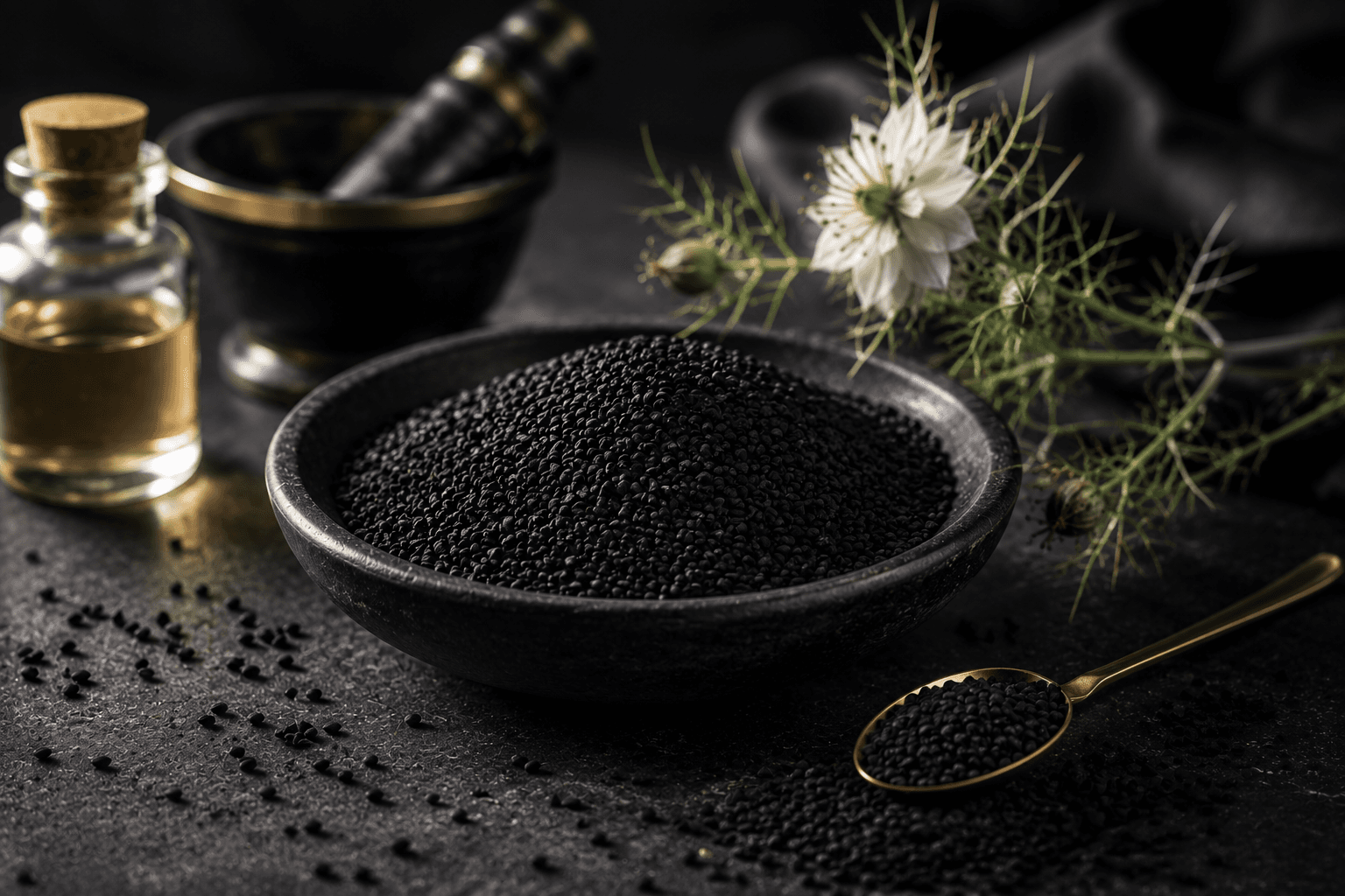 Dark bowl of black cumin seeds with a gold spoon, oil bottle, and Nigella flower.