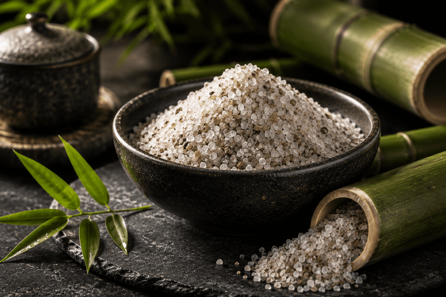 Coarse bamboo salt in a dark bowl, surrounded by fresh bamboo stalks and green leaves.
