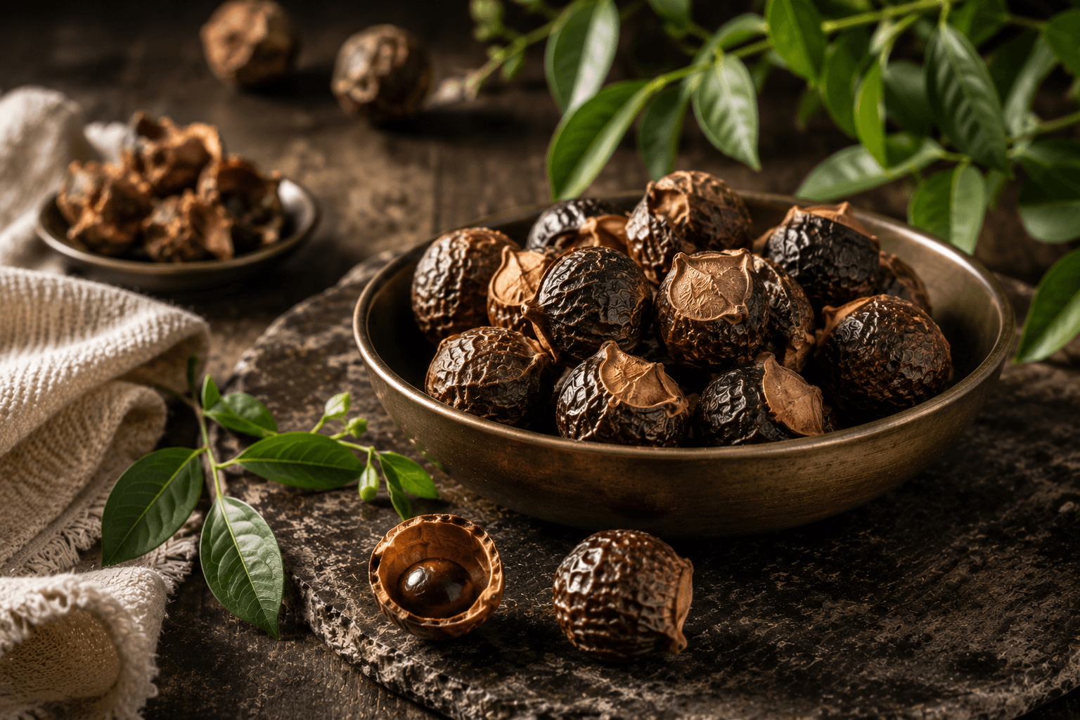 Dried brown soap nuts in a brass bowl on a rustic stone platter with leaves.