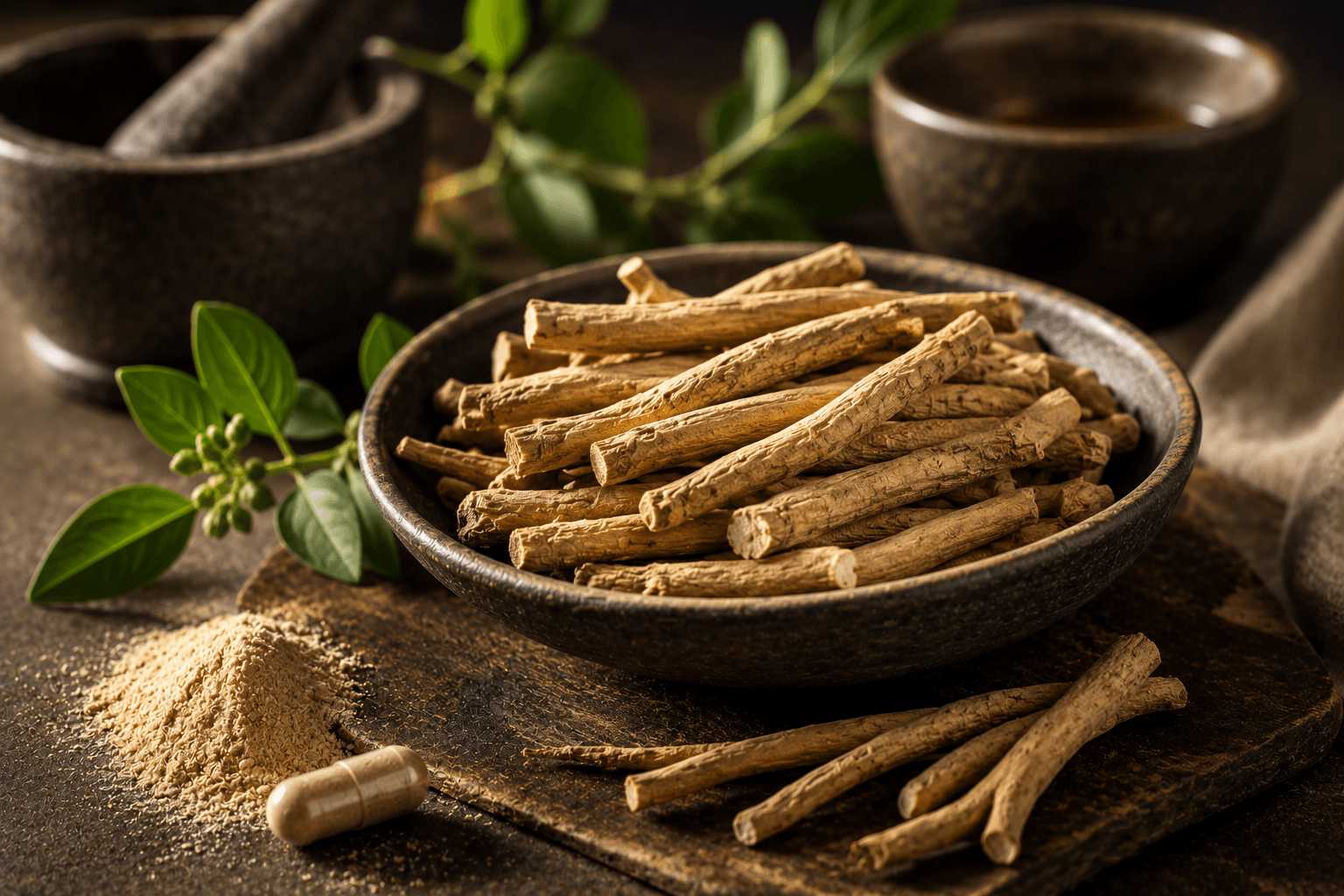 Dried ashwagandha roots in a bowl, with powder and a capsule on a rustic wooden surface.