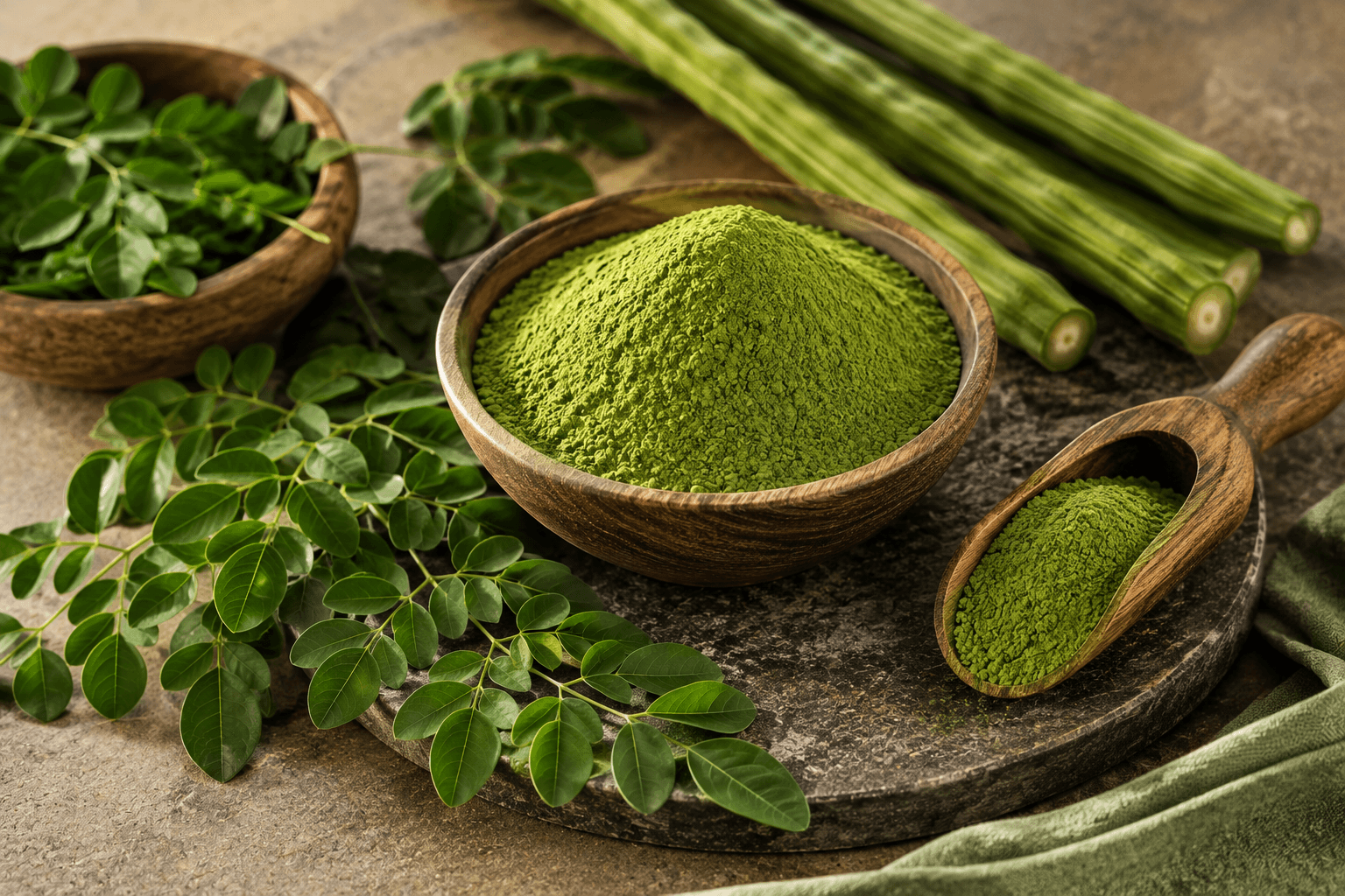 Vibrant green moringa powder in a wooden bowl with fresh leaves and drumstick pods.