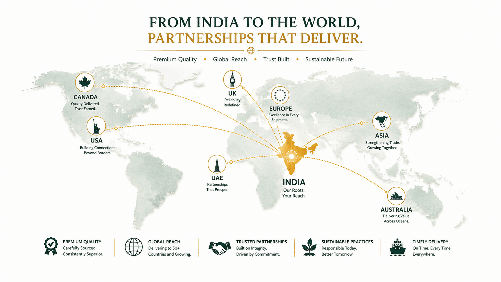 World map showing India's trade routes to Canada, USA, UK, Europe, UAE, Asia, and Australia.