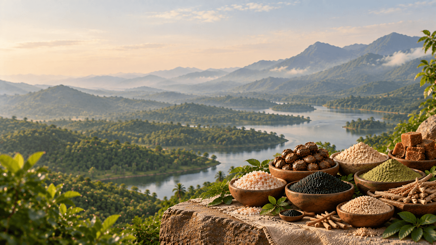 Wooden bowls of natural ingredients overlooking a panoramic landscape of misty green mountains and water.
